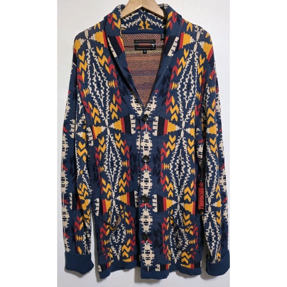 Rock & Roll Denim Aztec Western Cardigan‎ Heavy Sweater XL Boho Tribal Cowgirl